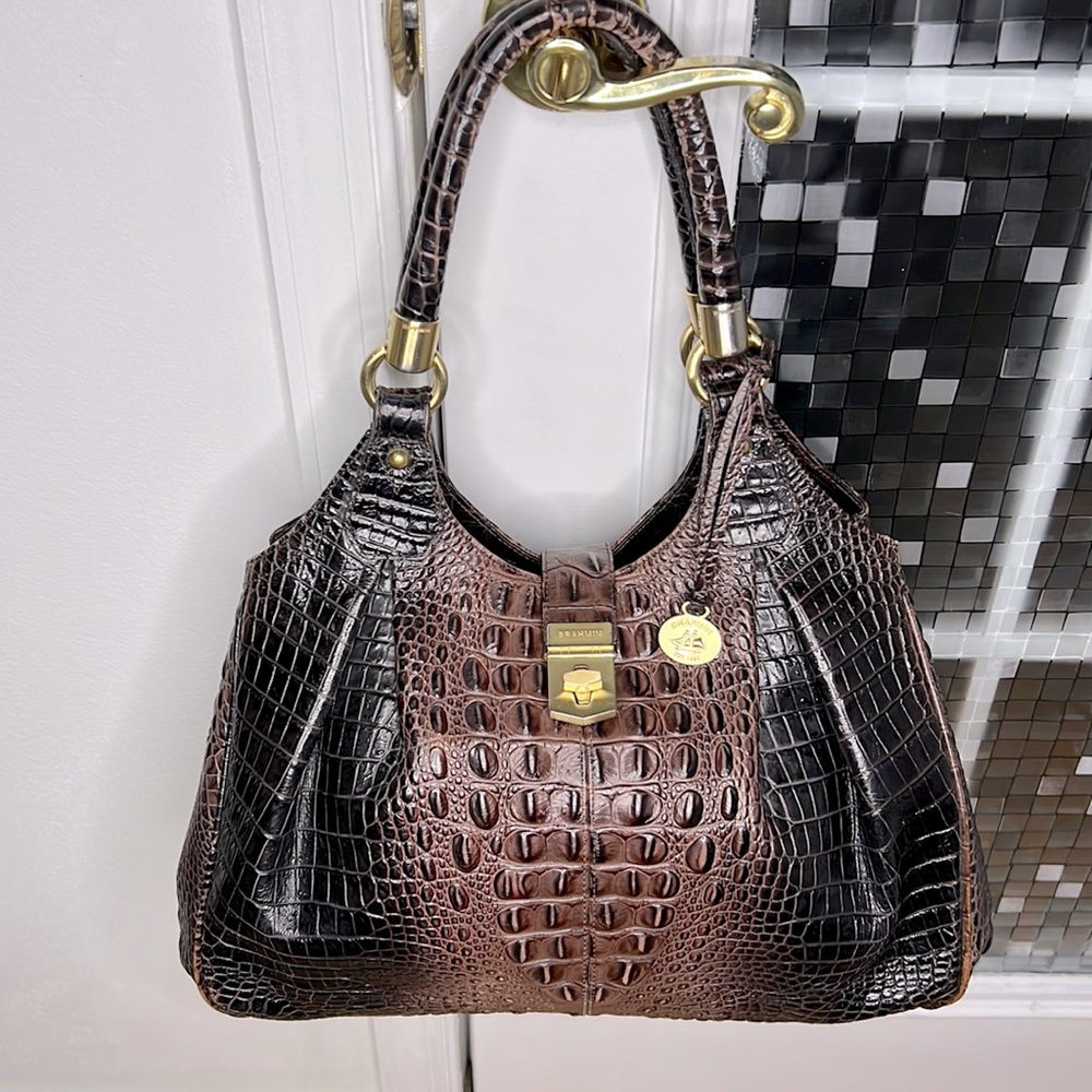 💕 Brahmin crocodile leather purple x large satchel bag nice 💕